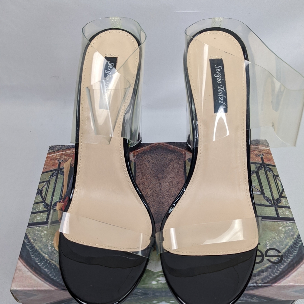 NWOT, SERGIO TODZI CLEAR VINYL BLACK PATENT LEATHER, SIZE 40.